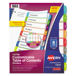 Avery Customizable TOC Ready Index Multicolor Tab Dividers, 8-Tab, 1 to 8, 11 x 8.5, White, Contemporary Color Tabs, 1 Set (AVE11841) View Product Image