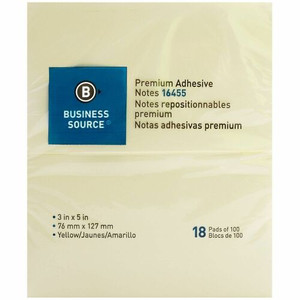 Business Source Repositionable Notes - 3" Flag/Note Width x 5" Flag/Note Length - Rectangle - Yellow - Repositionable, Solvent-free Adhesive