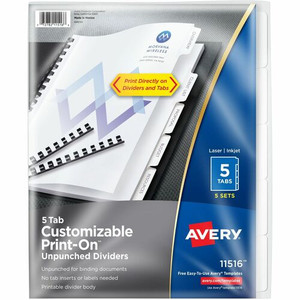 Avery Unpunched Print-On Dividers - 25 x Divider(s) - Print-on Tab(s) - 5 - 5 Tab(s)/Set - 8.5" Divider Width x 11" Divider Length