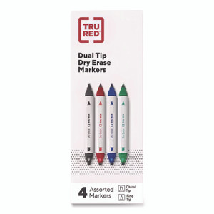 TRU RED Dry Erase Marker, Tank-Style Twin-Tip, Fine/Medium Bullet/Chisel Tips, Assorted Colors, 4/Pack