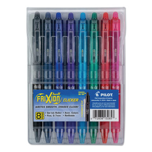 Pilot FriXion Clicker Erasable Gel Pen, Retractable, Fine 0.7 mm, Assorted Ink and Barrel Colors, 8/Pack