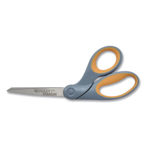 Westcott Titanium Bonded Scissors, 8" Long, 3.5" Cut Length, Gray/Yellow Offset Handle (ACM13731) View Product Image