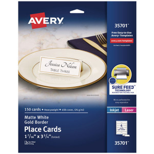 Avery Tent Cards, White/Gold, 3.75" x 1.44", 6 Cards/Sheet, 25 Sheets/Pack