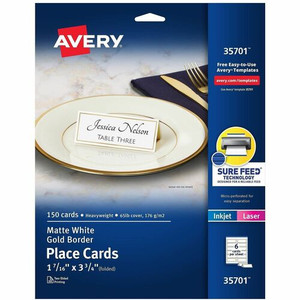 Avery Place Cards, 1-7/16" x 3-3/4" , Gold Border, 150 Cards (35701) - 97 Brightness - Letter - 8 1/2" x 11" - 65 lb Basis Weight - 176 g/m² Grammage