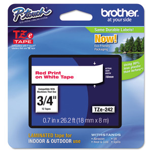 Brother P-Touch TZe Standard Adhesive Laminated Labeling Tape, 0.7" x 26.2 ft, Red on White (BRTTZE242) View Product Image