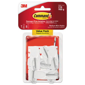 Command General Purpose Wire Hooks, Medium, Metal, White, 2 lb Capacity, 7 Hooks and 8 Strips/Pack