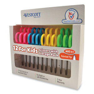 Westcott For Kids Scissors Teacher's Pack, Pointed Tip, 5" Long, 1.75" Cut Length, Straight Assorted Color Handles, 12/Pack