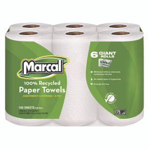 Marcal 100% Premium Recycled Kitchen Roll Towels, 2-Ply, 11 x 5.5, White, 140/Roll, 6 Rolls/Pack
