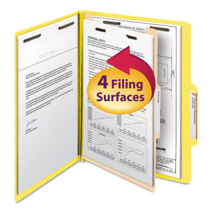 Smead Top Tab Classification Folders, Four SafeSHIELD Fasteners, 2" Expansion, 1 Divider, Letter Size, Yellow Exterior, 10/Box