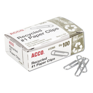 ACCO Recycled Paper Clips, #1, Smooth, Silver, 100 Clips/Box, 10 Boxes/Pack (ACC72365) View Product Image