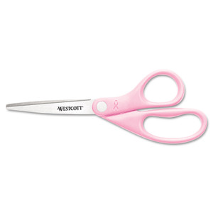 Westcott All Purpose Pink Ribbon Scissors, 8" Long, 3.5" Cut Length, Pink Straight Handle (ACM15387) View Product Image