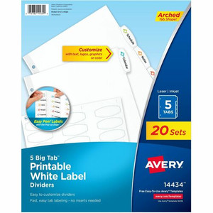 Avery Big Tab Printable White Label Dividers - 20 x Divider(s) - 100 Tab(s) - 5 - 5 Tab(s)/Set - 8.5" Divider Width x 11" Divider Length