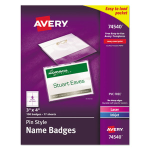 Avery Pin-Style Badge Holder with Laser/Inkjet Insert, Top Load, 4 x 3, White, 100/Box (AVE74540) View Product Image