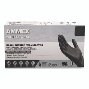 AMMEX Professional Nitrile Exam Gloves, Powder-Free, 3 mil, Medium, Black, 100/Box