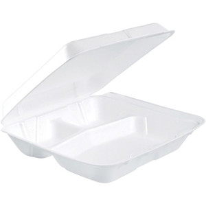 Dart Insulated Foam 3-compartment Containers - External Dimensions: 8" Length x 7.5" Width x 2.3" Height - Stackable - Extruded Polystyrene - White - For Transportation, Food Storage