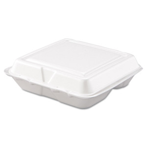 Dart Foam Hinged Lid Containers, 3-Compartment, 7.5 x 8 x 2.3, White, 200/Carton (DCC80HT3R) View Product Image