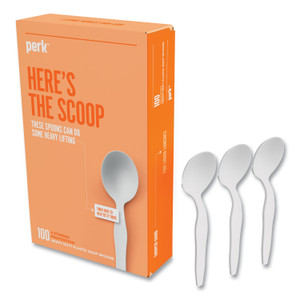 Perk Heavyweight Plastic Cutlery, Soup Spoon, White, 100/Pack View Product Image