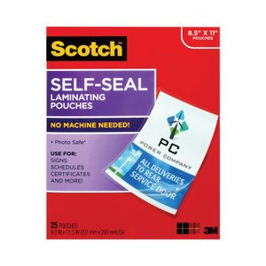 Scotch Self-Sealing Laminating Pouches, 9.5 mil, 9" x 11.5", Gloss Clear, 25/Pack (MMMLS85425G) View Product Image