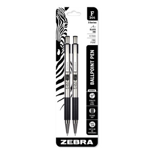 Zebra F-301 Ballpoint Pen, Retractable, Fine 0.7 mm, Black Ink, Stainless Steel/Black Barrel, 2/Pack