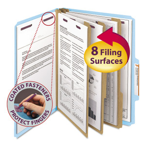 Smead Pressboard Top Tab Classification Folders, Eight SafeSHIELD Fasteners, 3" Expansion, 3 Dividers, Letter Size, Blue, 10/Box
