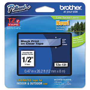 Brother P-Touch TZe Standard Adhesive Laminated Labeling Tape, 0.47" x 26.2 ft, Black on Clear