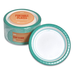 Perk Everyday Paper Plates, 8.5" dia, White/Teal, 125/Pack