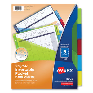 Avery Insertable Big Tab Plastic 1-Pocket Dividers, 5-Tab, 11.13 x 9.25, Assorted, 1 Set