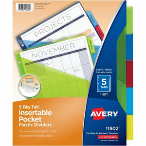 Avery Big Tab Insertable Plastic Dividers with Pocketsfor Laser and Inkjet Printers - 5 x Divider(s) - 5 - 5 Tab(s)/Set - 9.3" Divider Width x 11.25" Divider Length - 3 Hole Punched