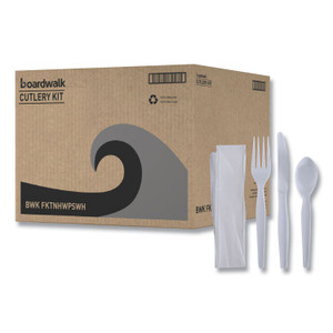 Boardwalk Four-Piece Cutlery Kit, Heavyweight, Fork/Knife/Napkin/Spoon, Plastic, White, 250/Carton