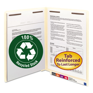 Smead Recycled Manila End Tab Fastener Folders, 0.75" Expansion, 2 Fasteners, Letter Size, Manila Exterior, 50/Box