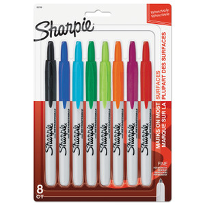 Sharpie Retractable Permanent Marker, Fine Bullet Tip, Assorted Colors, 8/Set