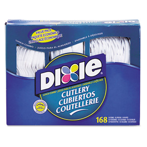 Dixie Combo Pack, Tray with White Plastic Utensils, 56 Forks, 56 Knives, 56 Spoons (DXECM168) View Product Image