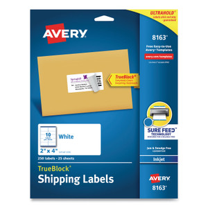 Avery Shipping Labels w/ TrueBlock Technology, Inkjet Printers, 2 x 4, White, 10/Sheet, 25 Sheets/Pack (AVE8163) View Product Image