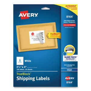 Avery Shipping Labels, Sure Feed, 3-1/3" x 4" , 150 White Labels (8164) - 3 21/64" Width x 4" Length - (AVE8164)