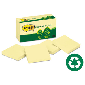Post-it Greener Notes Original Recycled Note Pads, 3" x 3", Canary Yellow, 100 Sheets/Pad, 12 Pads/Pack (MMM654RPYW) View Product Image