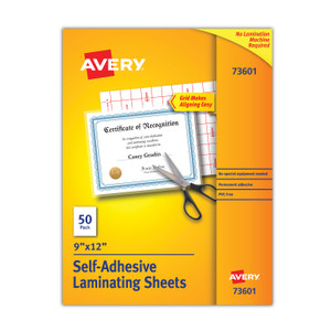 Avery Clear Self-Adhesive Laminating Sheets, 3 mil, 9" x 12", Matte Clear, 50/Box (AVE73601) View Product Image