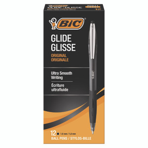 BIC GLIDE Ballpoint Pen, Retractable, Medium 1 mm, Black Ink, Smoke/Black Barrel, Dozen