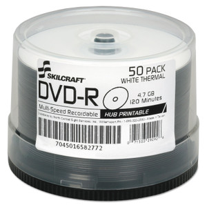 AbilityOne 7045016582772, SKILCRAFT Laser Printable DVD-R, 4.7 GB, 16x, Spindle, White, 50/Pack (NSN6582772) View Product Image