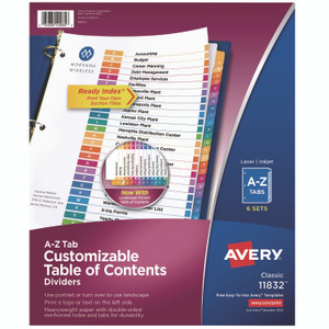Avery Customizable Table of Contents Ready Index Multicolor Dividers, 26-Tab, A to Z, 11 x 8.5, White, 6 Sets