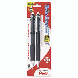 Pentel Twist-Erase III Mechanical Pencil, 0.9 mm, HB (#2), Black Lead, Assorted Barrel Colors, 2/Pack
