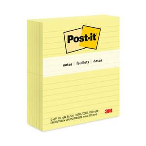 Post-it Notes Original Pads in Canary Yellow, Note Ruled, 3" x 5", 100 Sheets/Pad, 12 Pads/Pack