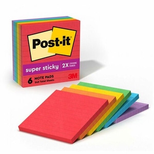 Post-it Super Sticky Lined Notes - Playful Primaries Color Collection - 540 - 4" Flag/Note Width x 4" Flag/Note Length - Square - 90 Sheets per Pad - MMM6756SSAN