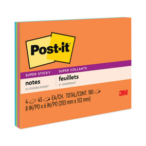 Post-it Notes Super Sticky Meeting Notes in Energy Boost Collection Colors, 8" x 6", 45 Sheets/Pad, 4 Pads/Pack (MMM6845SSP) View Product Image