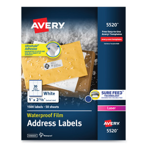 Avery Waterproof Address Labels with TrueBlock and Sure Feed, Laser Printers, 1 x 2.63, White, 30/Sheet, 50 Sheets/Pack (AVE5520) View Product Image