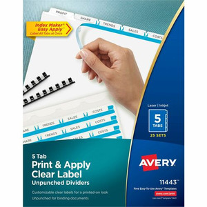 Avery Print & Apply Label Unpunched Dividers - Index Maker Easy Apply Label Strip - 125 x Divider(s) - 5 Blank Tab(s) - 5 Tab(s)/Set - 8.5" Divider Width x 11" Divider Length