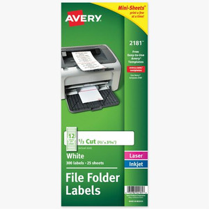 Avery Mini-Sheets File Folder Labels, 2/3" x 3-7/16" , 300ct (2181) - x 21/32" Width x 3 7/16" Length - Permanent Adhesive - Rectangle - Laser, Inkjet - Matte