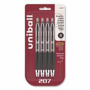uniball Signo 207 Gel Pen, Retractable, Medium 0.7 mm, Black Ink, Smoke/Black Barrel, 4/Pack