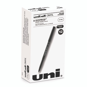 uniball ONYX Rollerball Pen, Stick, Fine 0.7 mm, Black Ink, Black Barrel, Dozen