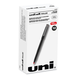 uniball Rollerball Pen, Stick, Extra-Fine 0.5 mm, Red Ink, Black/Red Barrel, Dozen