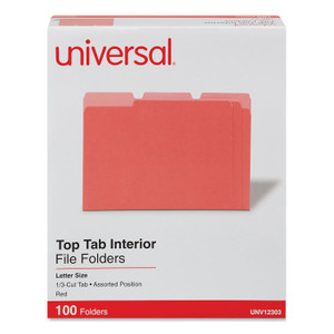 Universal Interior File Folders, 1/3-Cut Tabs: Assorted, Letter Size, 11-pt Stock, Red, 100/Box (UNV12303) View Product Image